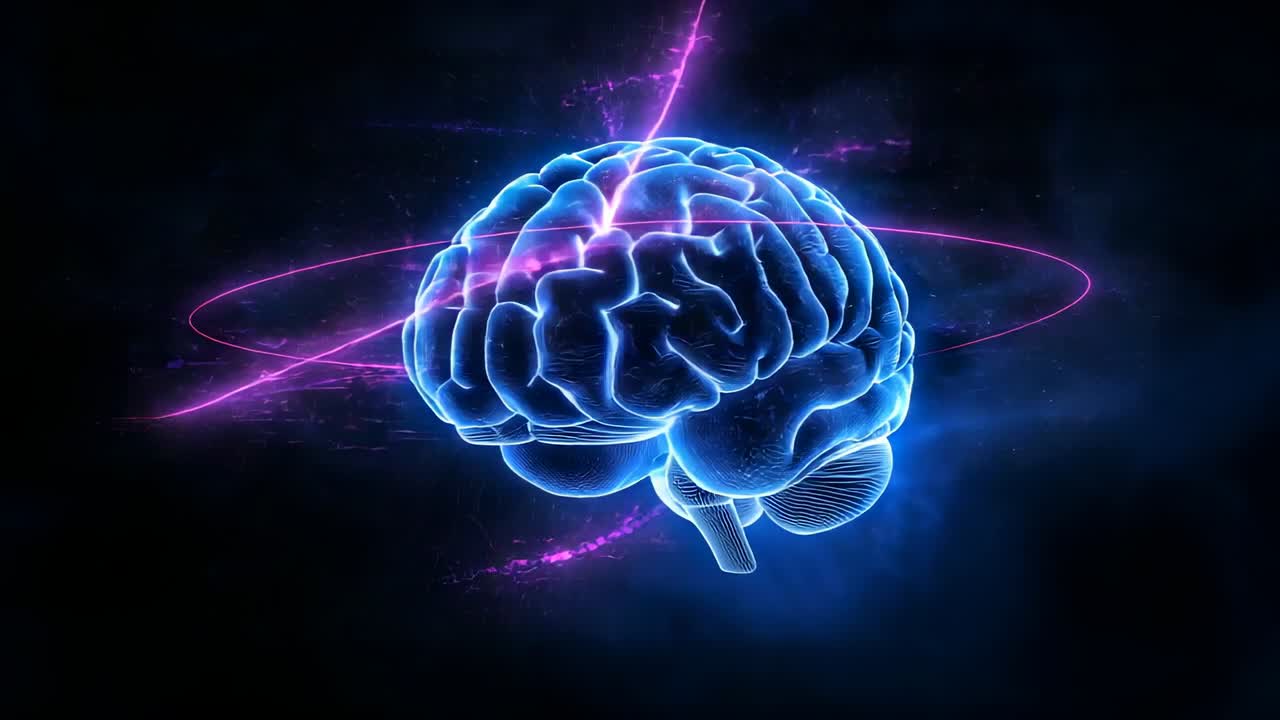 Forming neon-blue brain rotating clockwise against dark cosmic void, magenta energy ribbon orbiting
