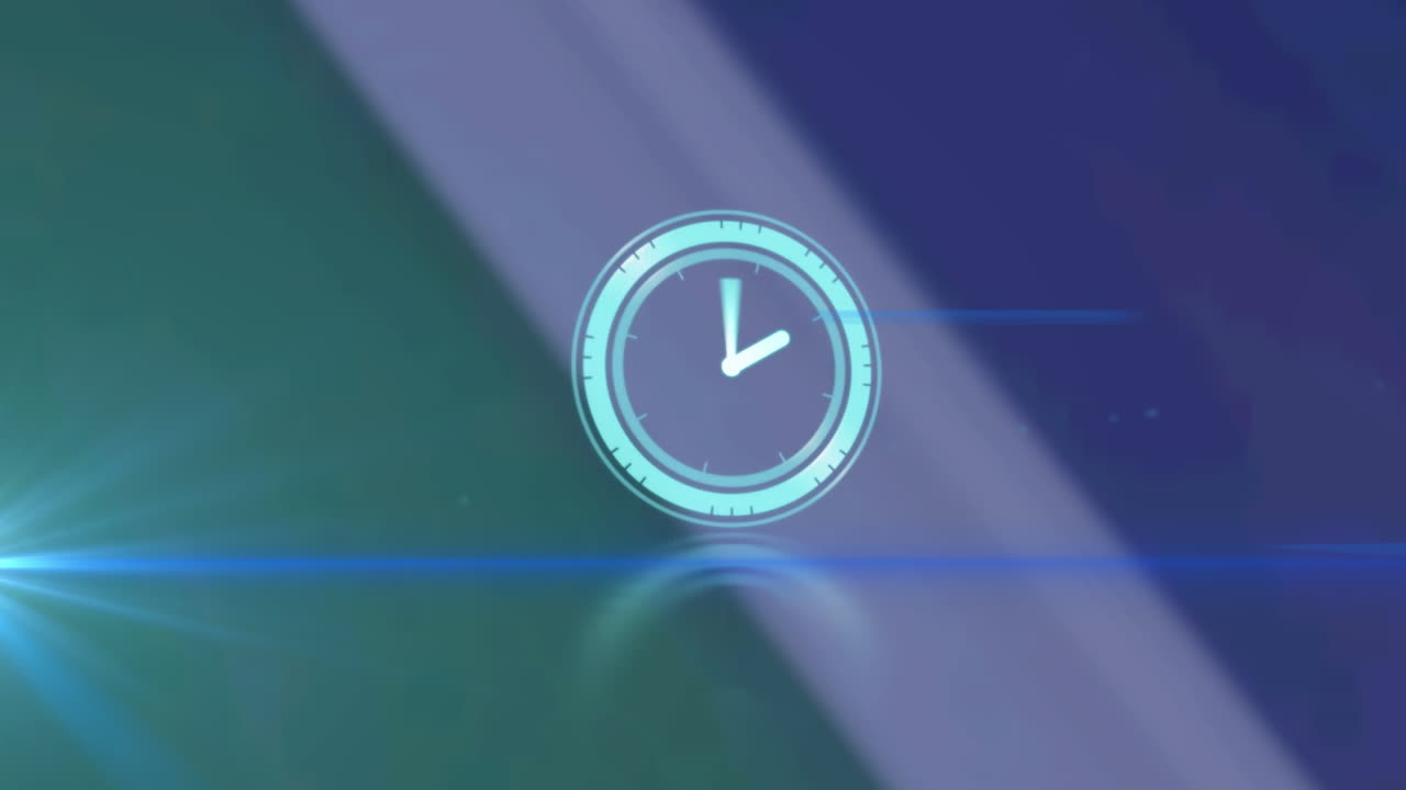 Animation of rotating safe lock with clock over light trail on blurred background