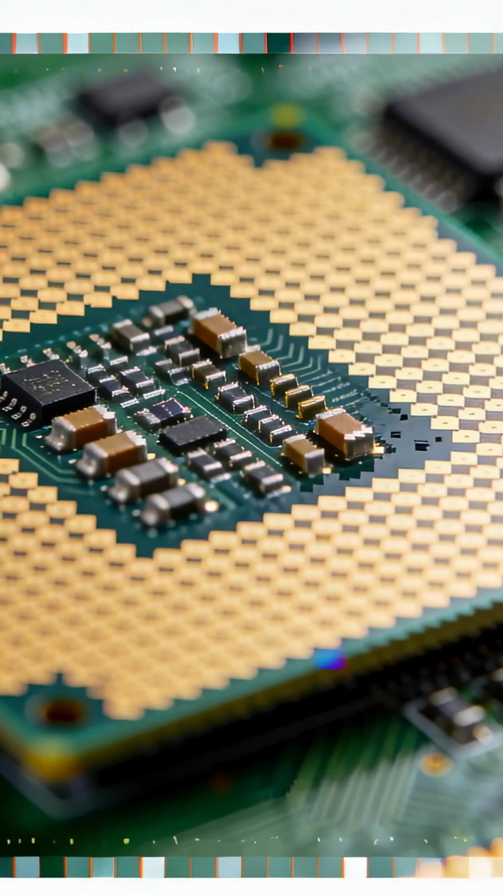 Vertical video: Pulling focus, camera tilting on PCB, revealing CPU and gold pads to show circuitry