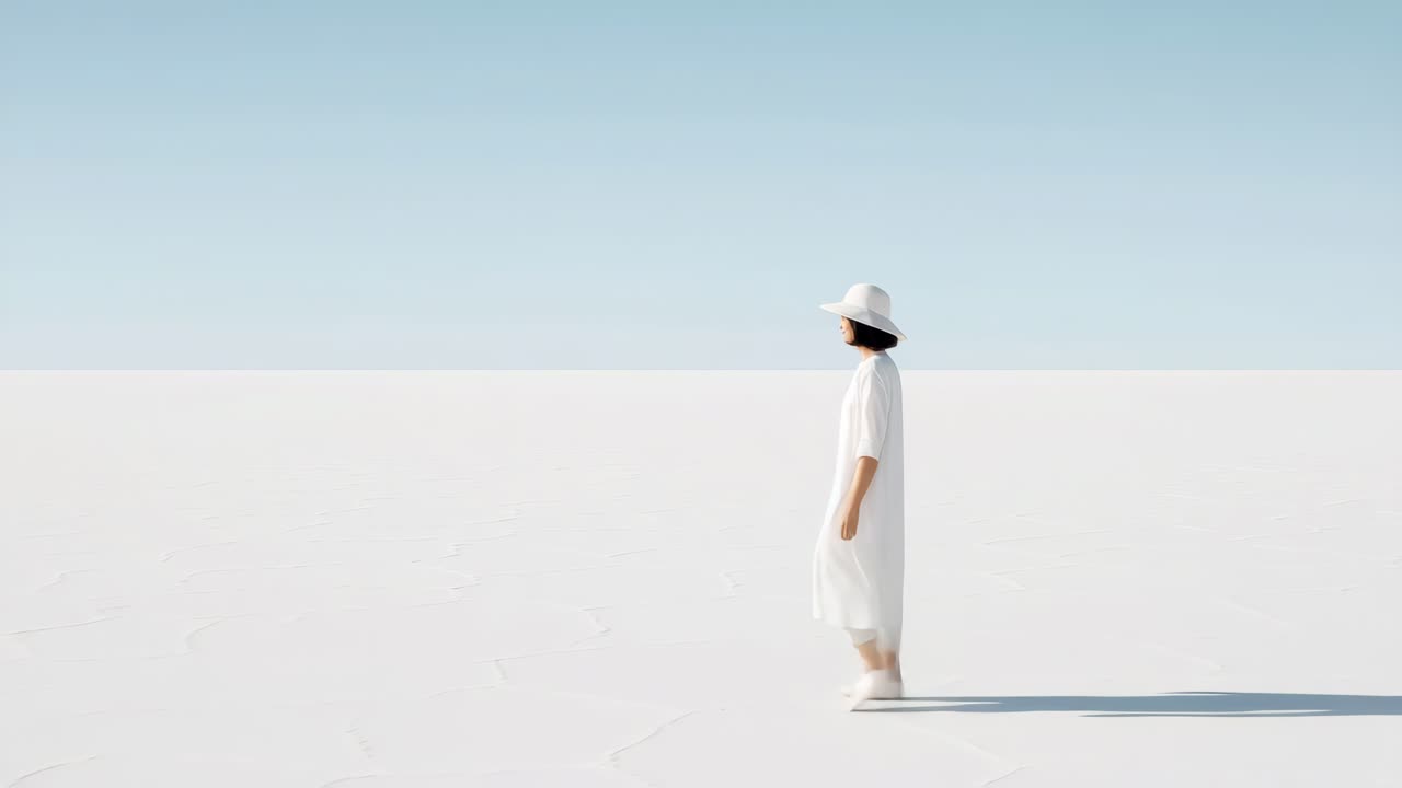 Minimalistisk videokoncept med en person i hvidt tøj, der går over en stor, hvid ørken