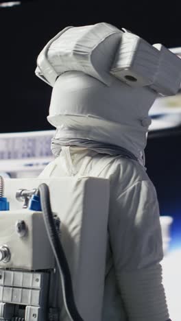 vertical video male astronaut in a space suit floats in orbit above earth