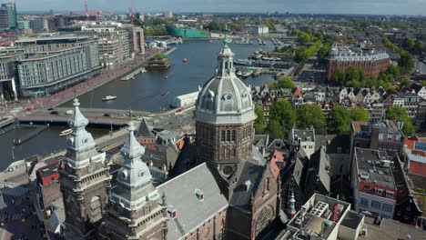 Basilica-of-Saint-Nicholas,-Amsterdam-Aerial-Birds-View-with-River