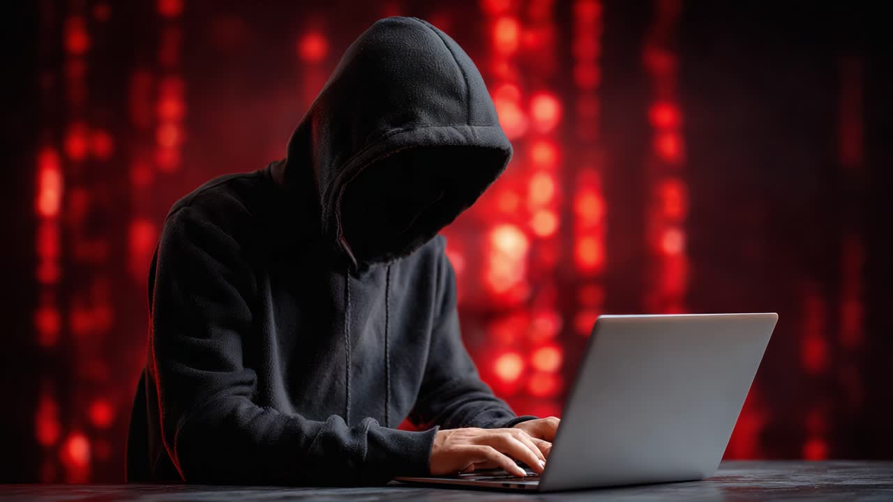 A shadowy figure in a hoodie intently engages with a laptop, set against a backdrop of striking red lights, evoking themes of mystery, hacking, and digital anonymity