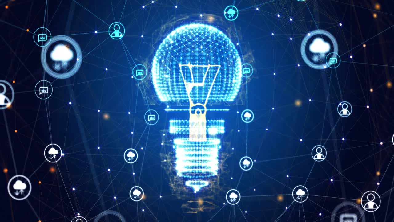 파란색 배경에 연결 네트워크와 함께 회전하는 전구의 애니메이션