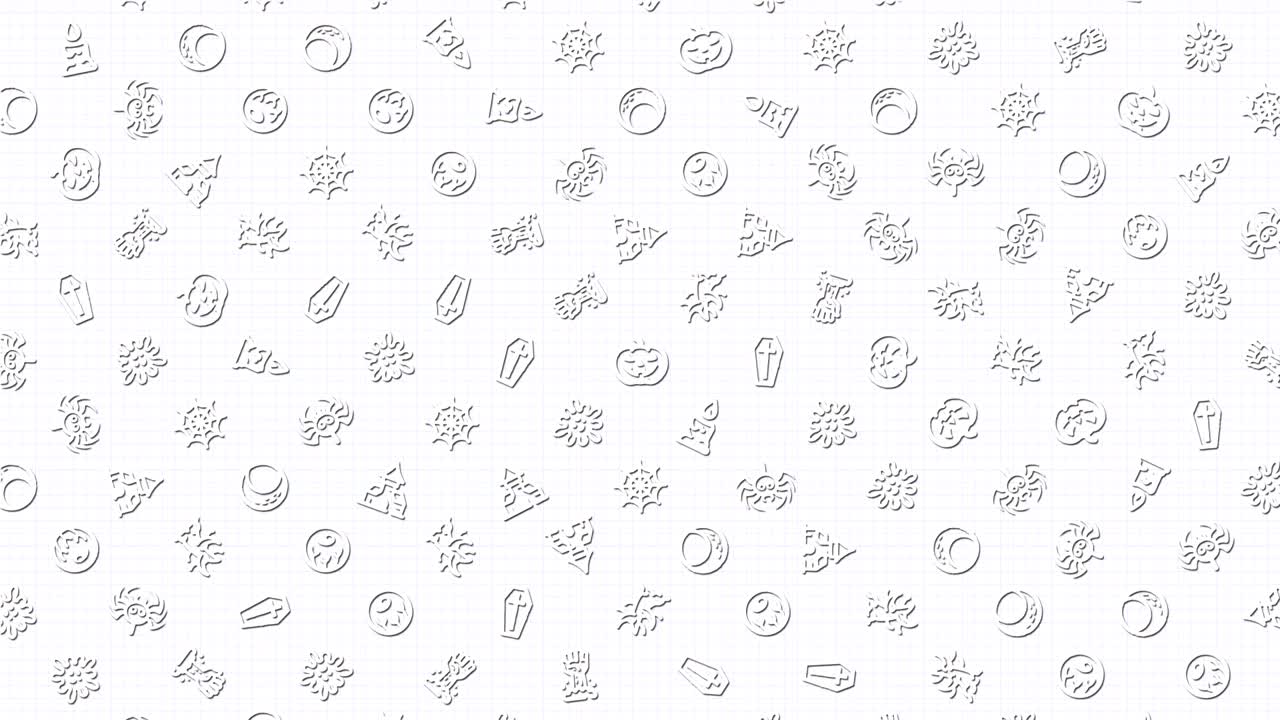 Halloween icons, animation loop. Seamless pattern background. small Halloween icons rotate slowly on grid. white backdrop