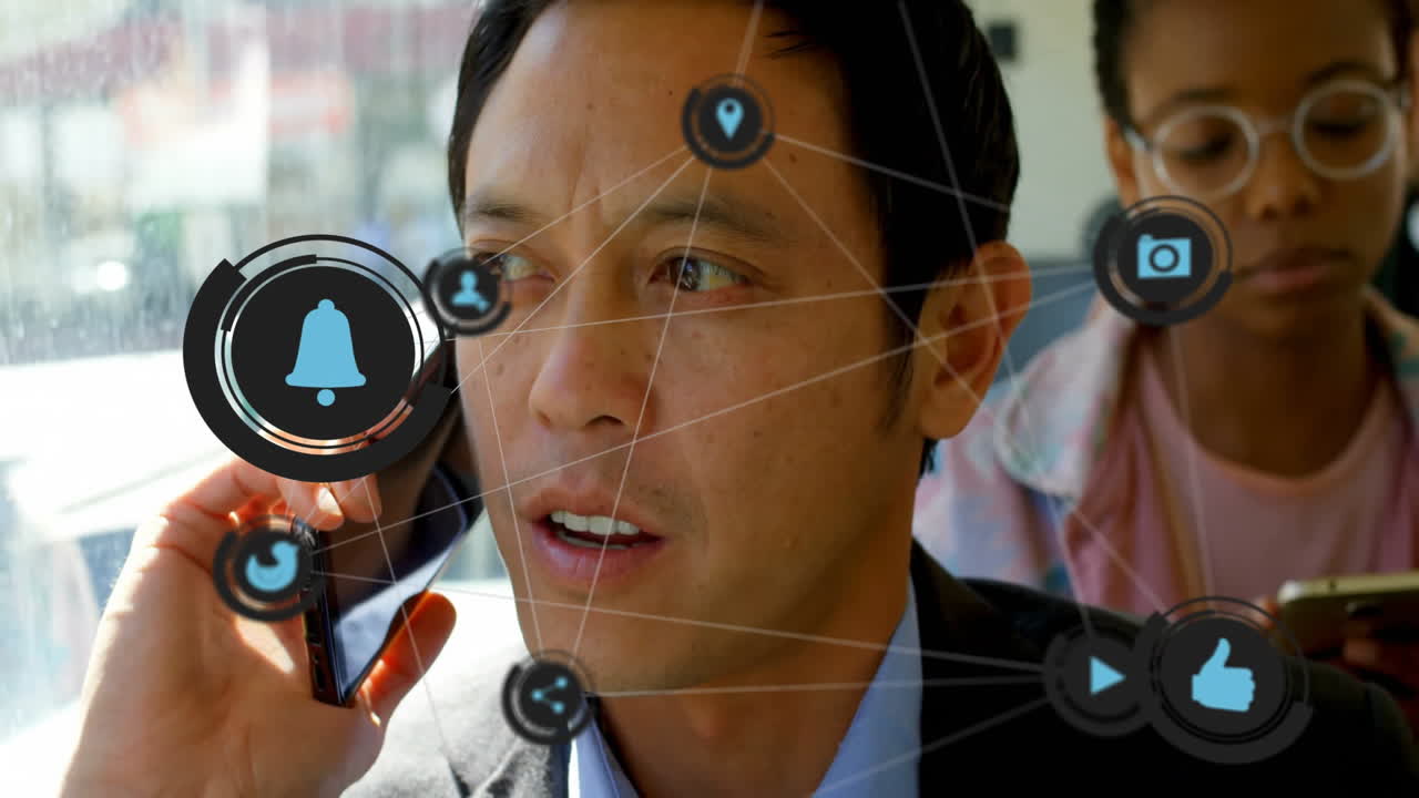 Business exec using smartphone in transit, showing animated notification and share icons