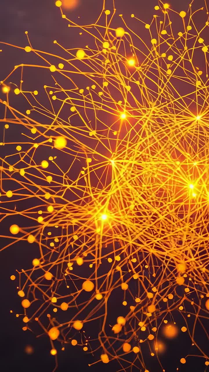 Vertical video: Faint orange nodes pulsing forming network and camera zooming into void, copy space