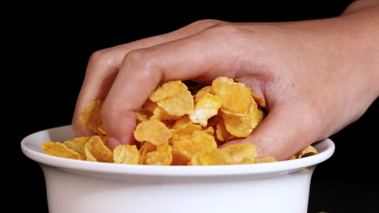 A hand reaches into a bowl of cornflakes against a black background, highlighting texture and motion