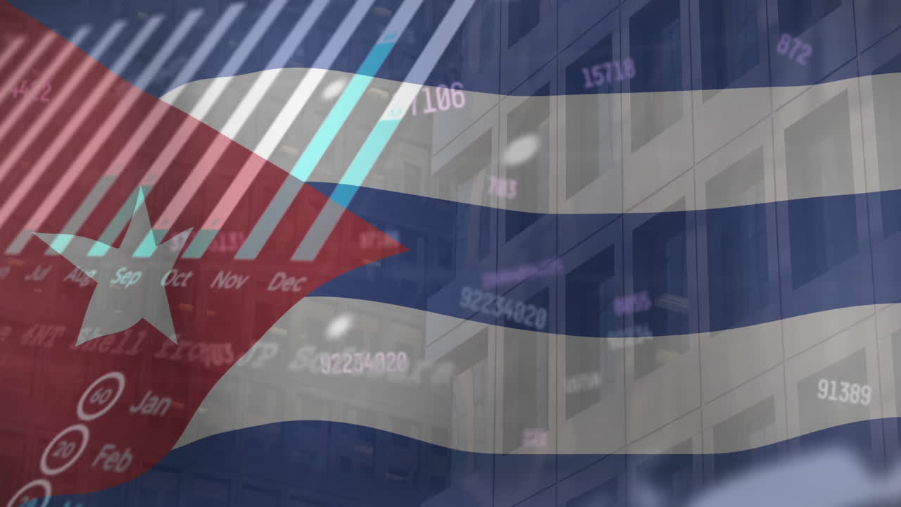 animación del procesamiento de datos financieros sobre la bandera de cuba