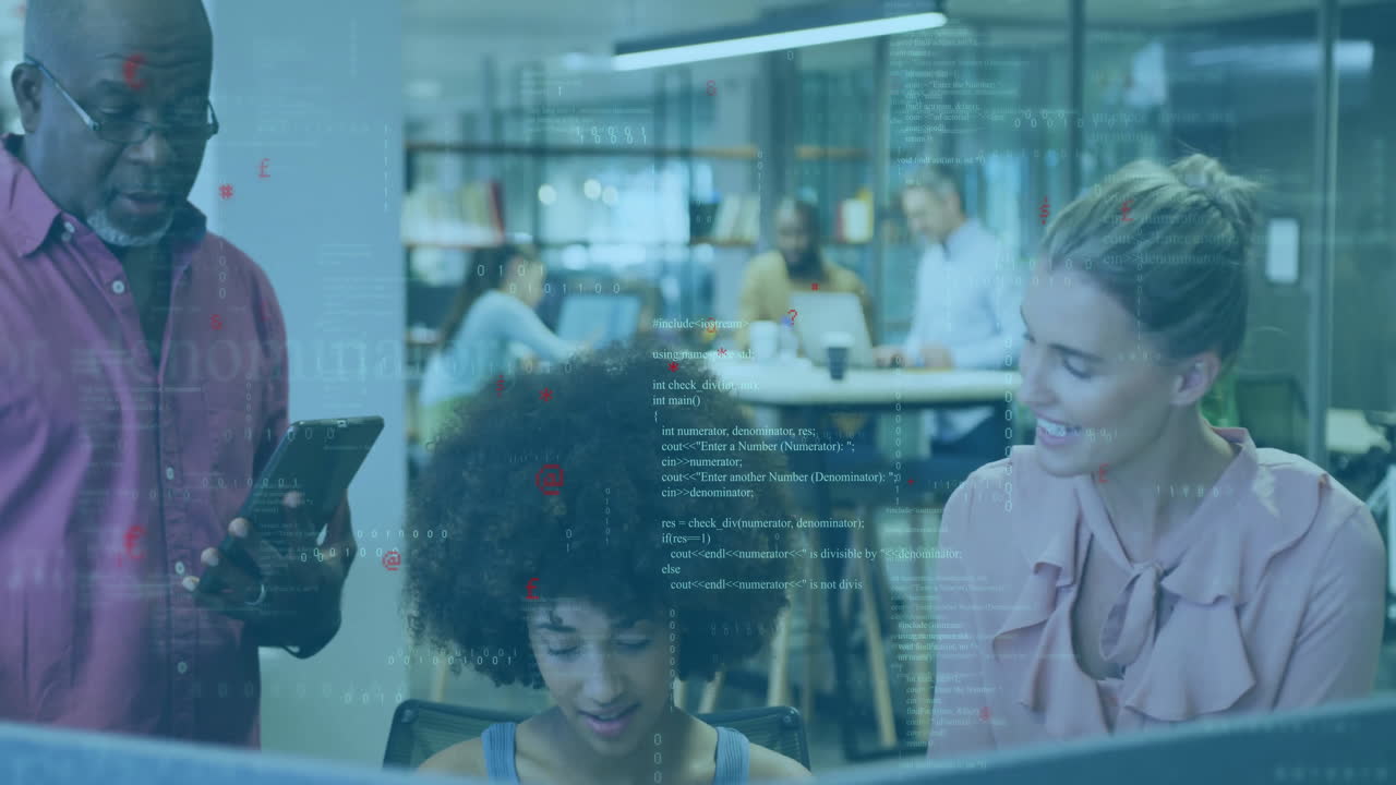 Team collaborating around computer monitor in modern office, showing floating code and data symbols