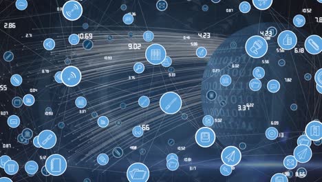 animation of connections with icons and globe in navy space