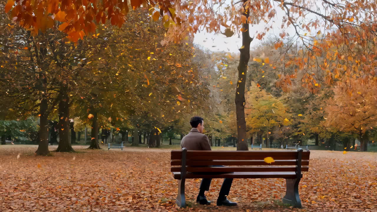 Man sitting alone on park bench in autumn