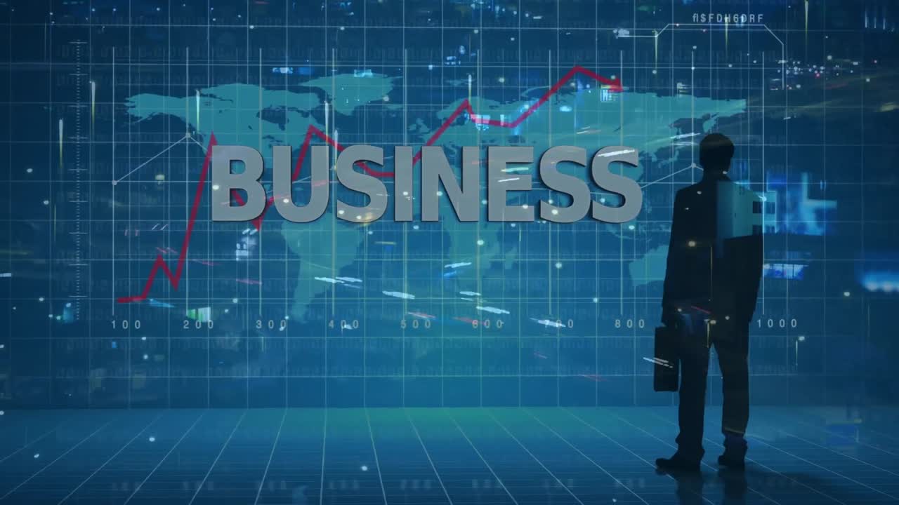 지도 위의 비즈니스 텍스트의 애니메이션, 이동하는 차량의 타임 스에 대항하여 서류 가방을 들고 있는 사람