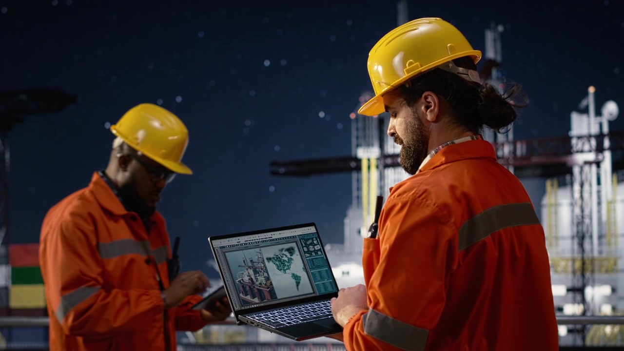 Close up of man on offshore rig deck coordinating safe supply routes
