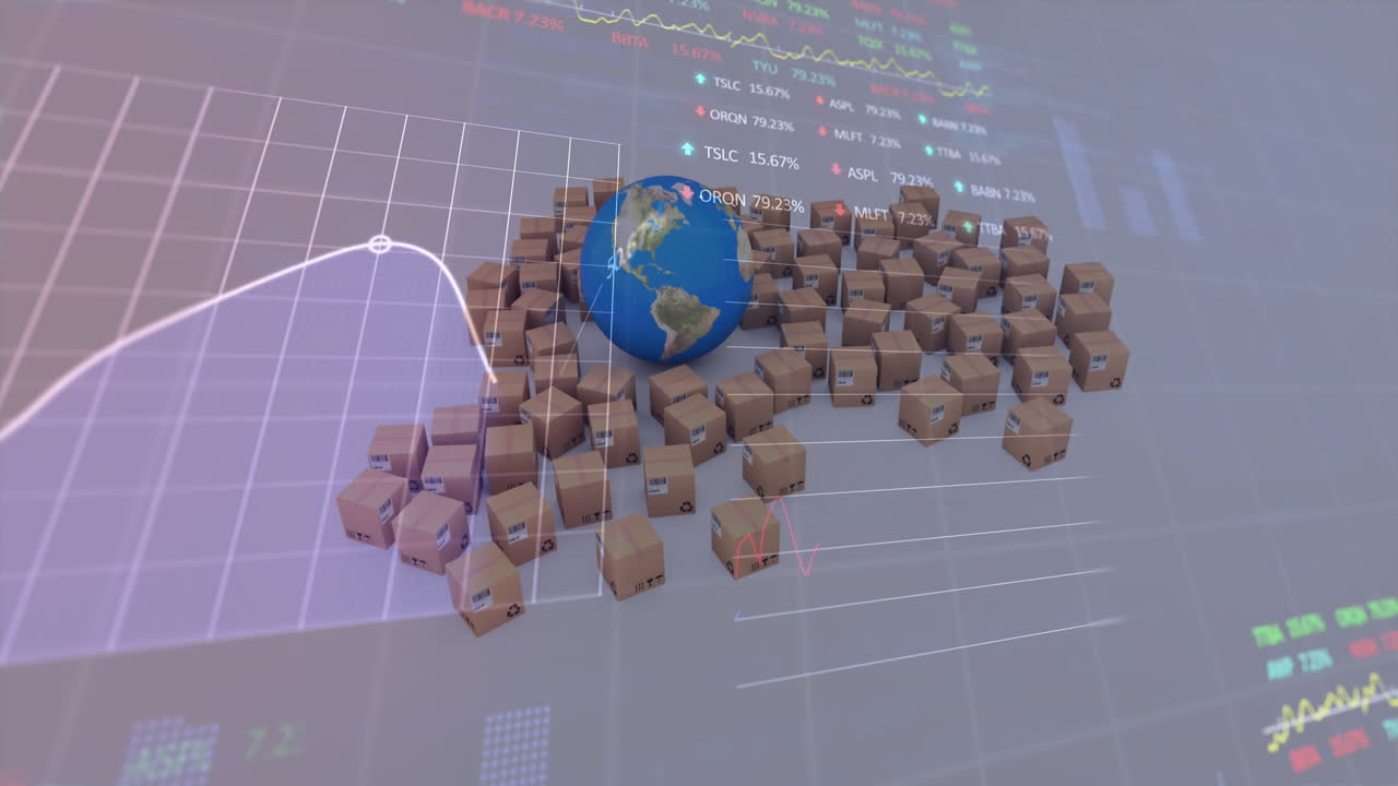 글로벌과 배경에 카드보드 상자에 대한 금융 데이터 처리의 애니메이션