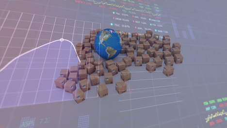 animación del procesamiento de datos financieros sobre globo y cajas de cartón en el fondo