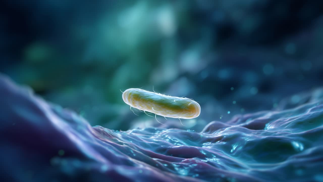 Microscopic view of bacteria in a fluid environment showcasing movement and cellular structures, highlighting the intricacies of microbial life at the nanoscale