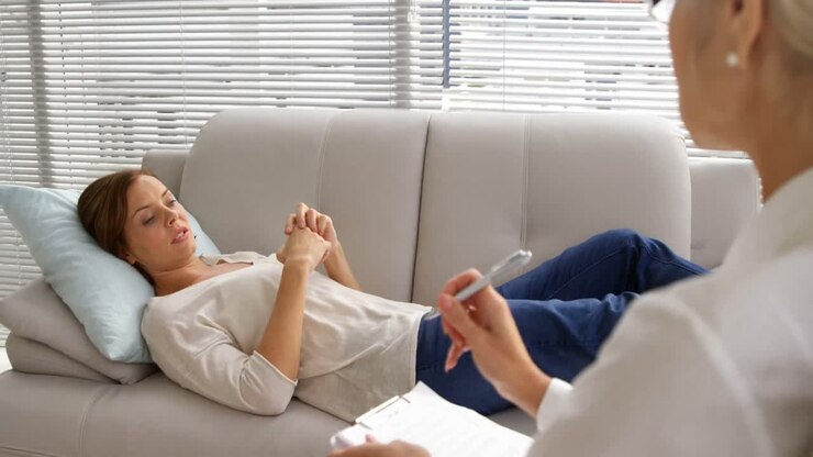 женщина лежит и разговаривает с психологом.