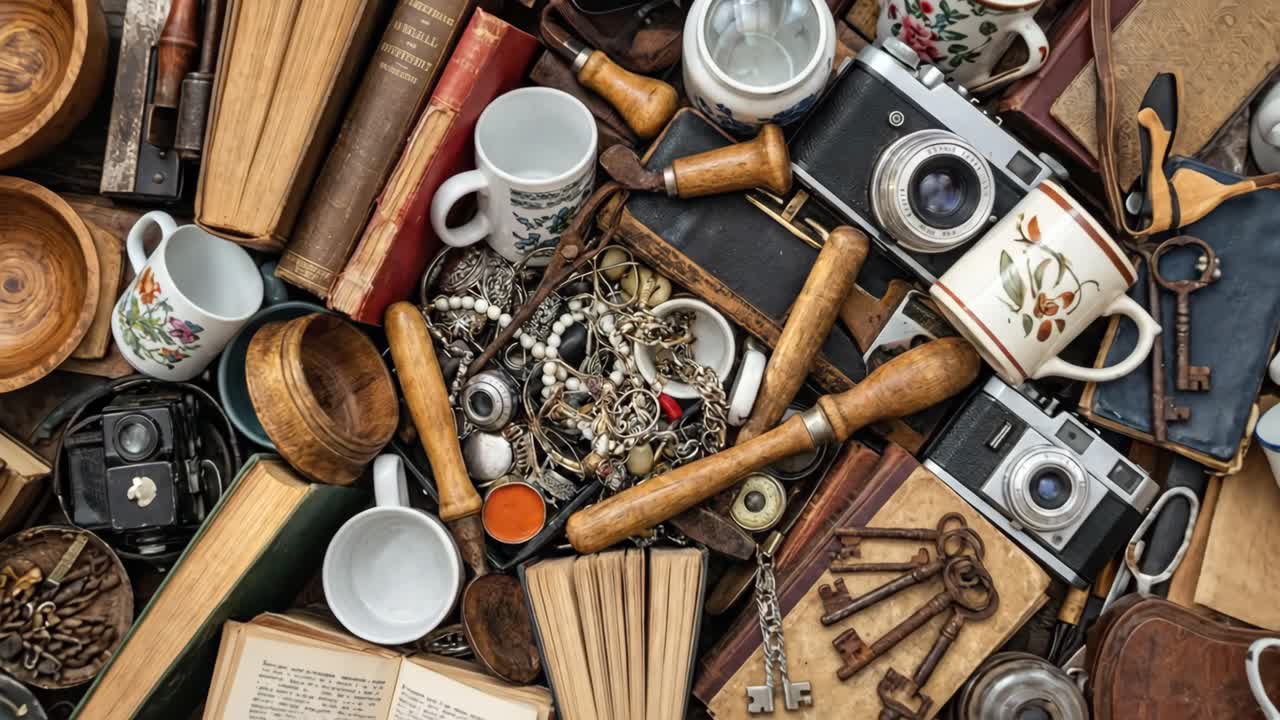 Vista dall'alto di una collezione di articoli vintage e antichi