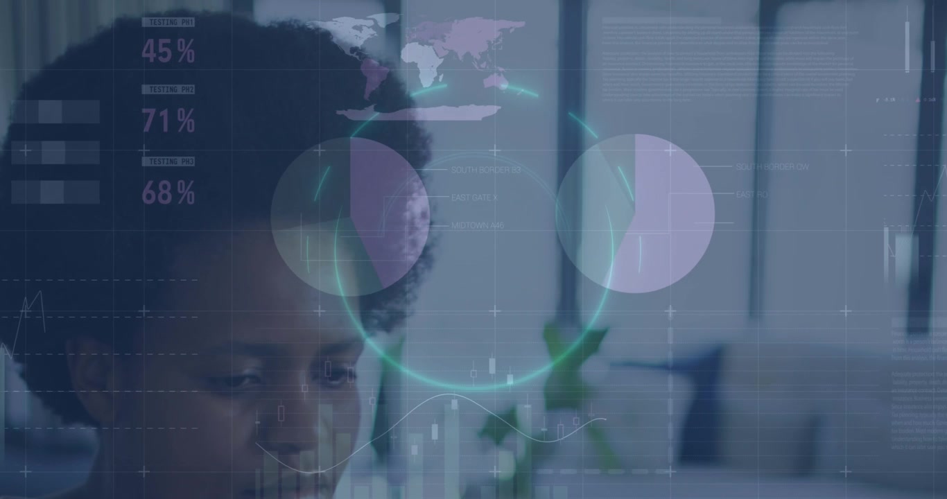 Animation of statistics and data processing over african american businesswoman working in office