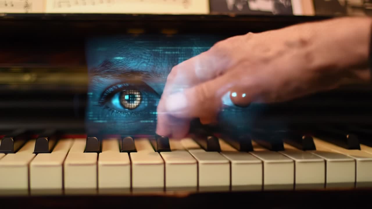 An Artistic Journey of Music and Emotion: Capturing the Hand of a Musician Engaging with a Piano, Blending Melodic Sounds and Intriguing Visuals