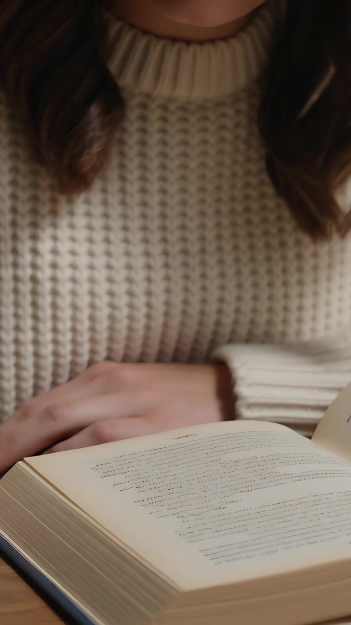 Video verticale: Donna in maglia color crema che gira una pagina al tavolo, libro aperto e tazza a sinistra, mentre legge.