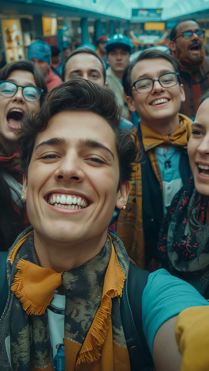 Vertical video: Starting smartphone recording six friends laughing and posing at mall for selfie