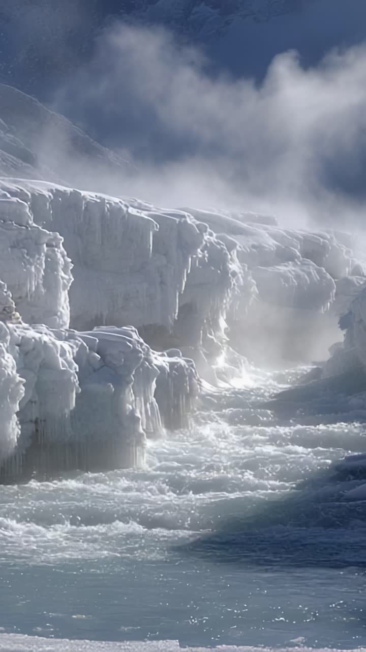A serene winter landscape featuring majestic icy cliffs and a misty river flowing through, capturing the enchanting beauty of nature's frozen wonders amidst ethereal fog