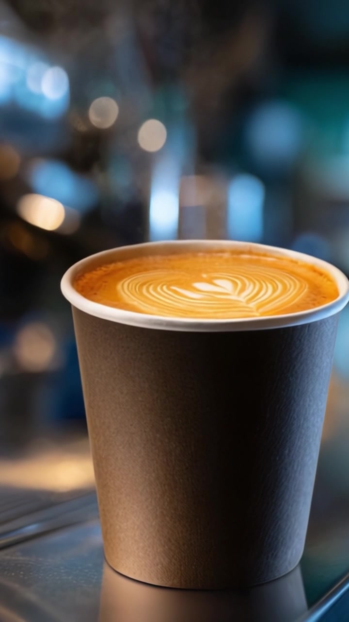 Una tazza di latte art splendidamente realizzata, che mostra intricati motivi su un caffè ricco, ambientata su uno sfondo sfocato che evidenzia il suo calore invitante e il suo aroma