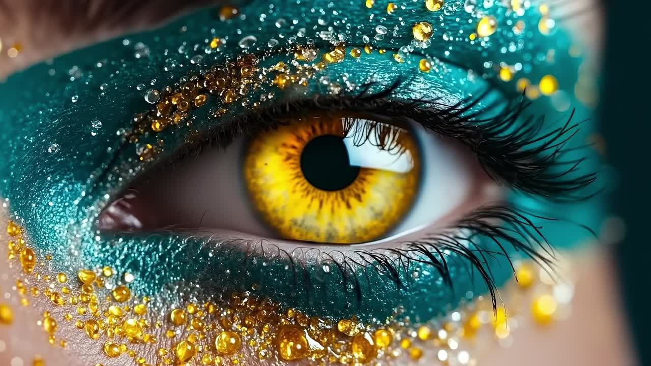 A close up of a woman's eye with gold glitter on it