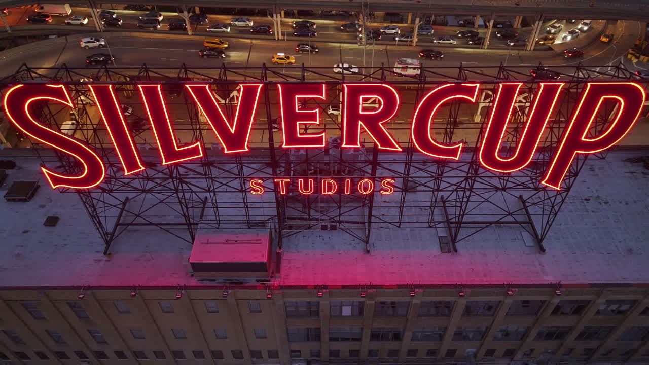 Aerial view of Silvercup Studios at night in Long Island City, Queens