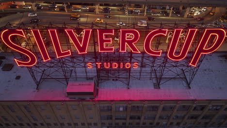 aerial view of silvercup studios at night in long island city, queens