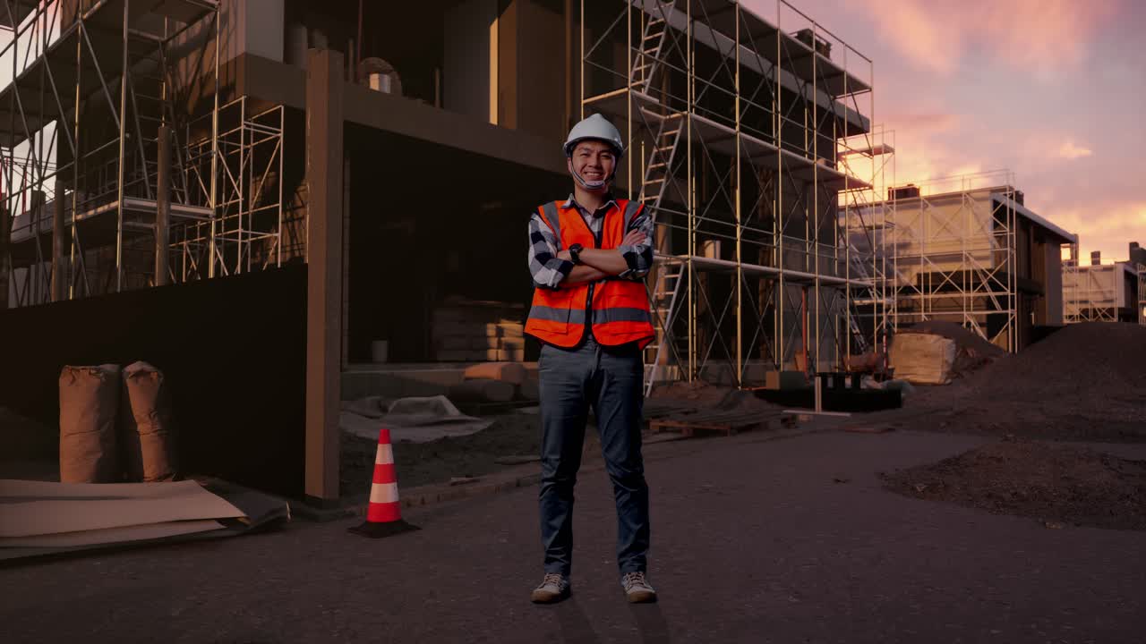Confident Construction Worker Standing at Building Site During Sunset