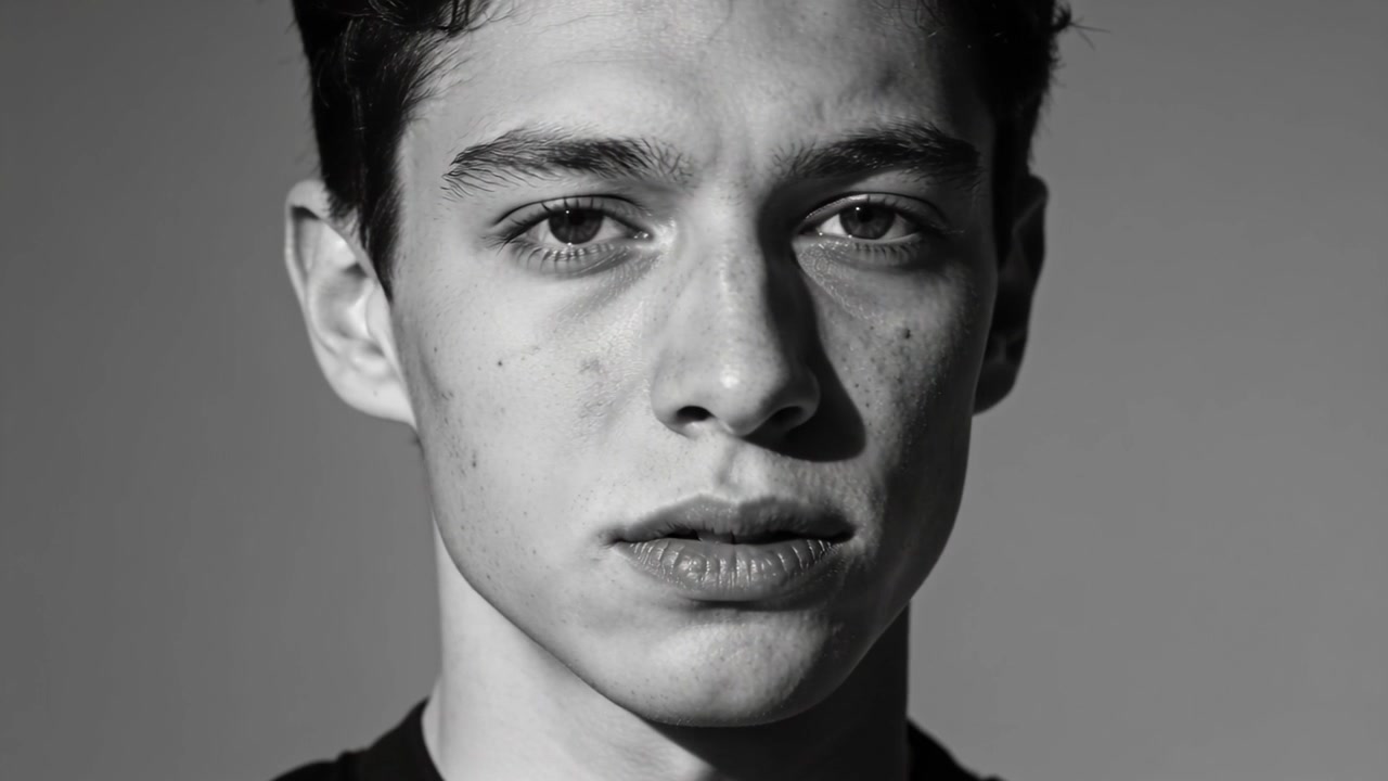 Hearing cue, model shifting gaze, squaring face in studio with hard light, gray backdrop, dark top