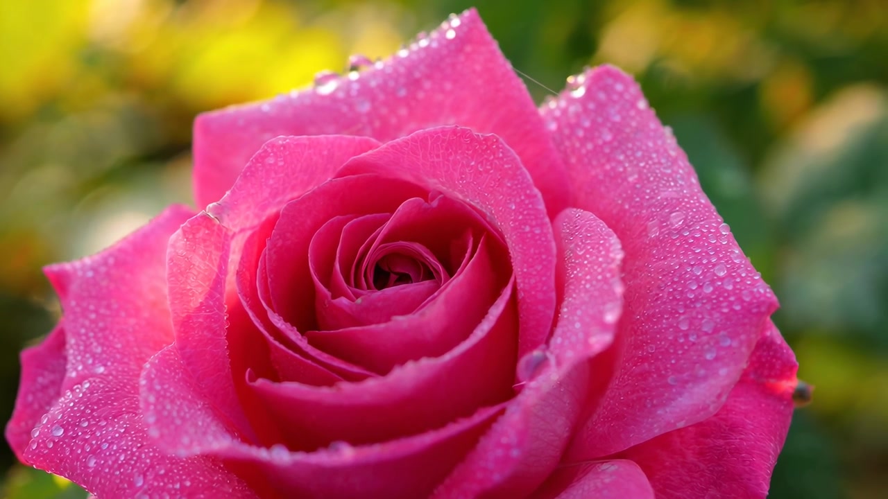 Primer plano de una rosa rosa vibrante con gotas de rocío