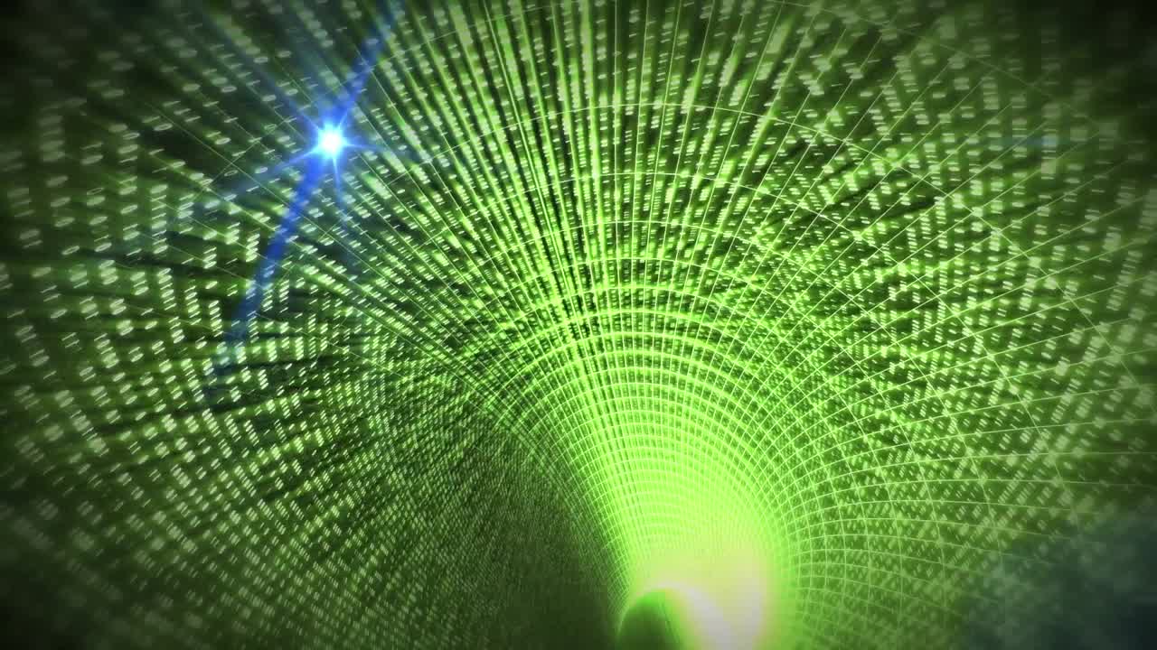 animación digital de un punto de luz azul contra un túnel digital verde en el fondo