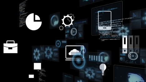 animación de procesamiento de datos e iconos comerciales en fondo negro