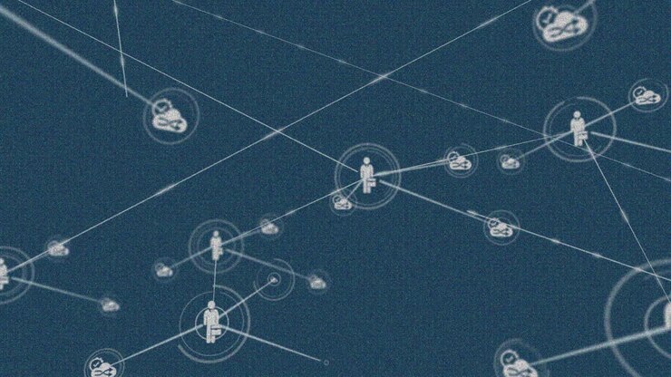 Animazione di una rete di icone digitali su sfondo blu.
