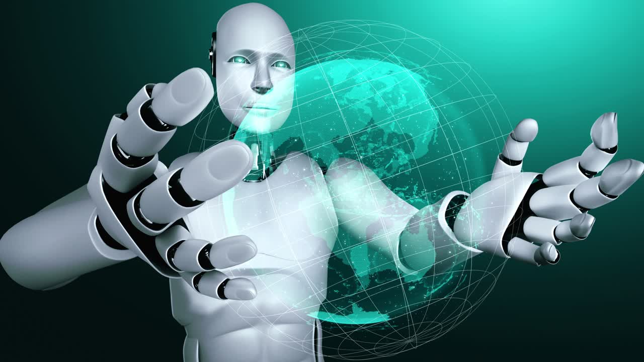 una pantalla de un robot hominoide con un holograma muestra el concepto de comunicación global