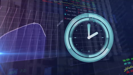 reloj digital en comparación con el procesamiento de datos estadísticos y de mercado de valores sobre fondo azul