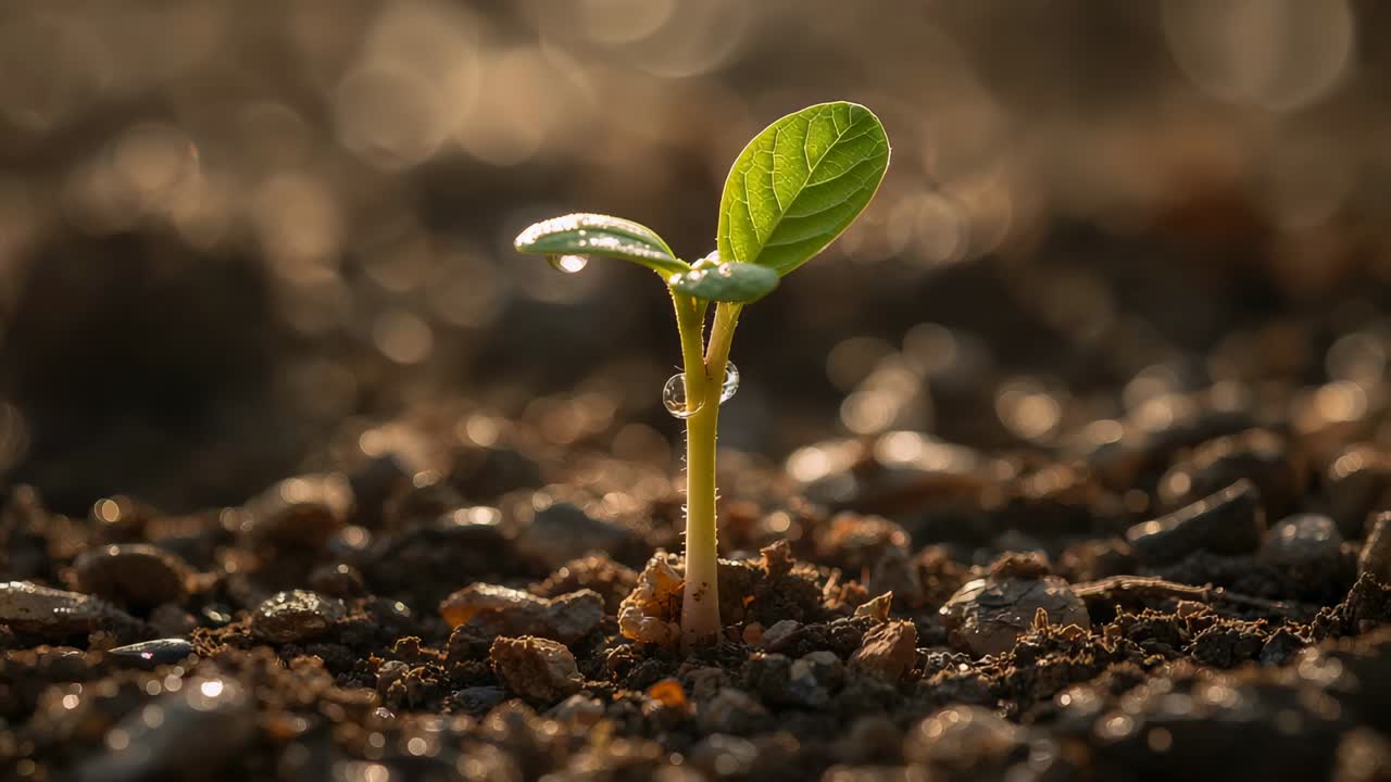 Singola piantina verde in crescita che spunta dal terreno umido sotto la luce dell'ora d'oro, con goccioline che si spostano.