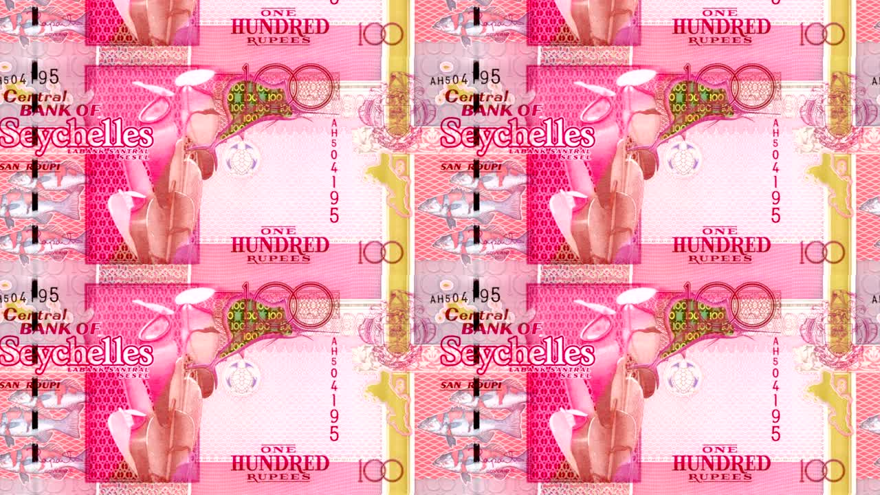 세이 섬 은행의 100 루피 지폐 시리즈, 스크린에 굴러, 세계 동전, 현금, 루프