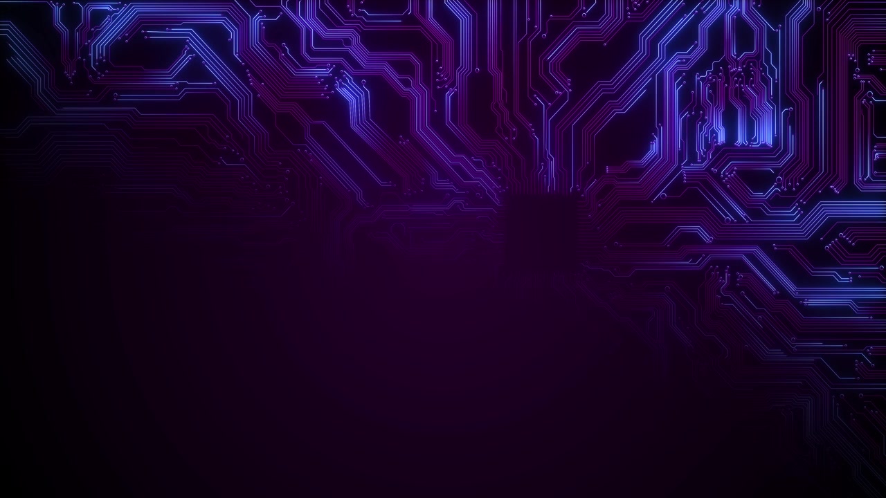 Purple circuit board technology blue glowing traces dark empty space detailed electronic pathways