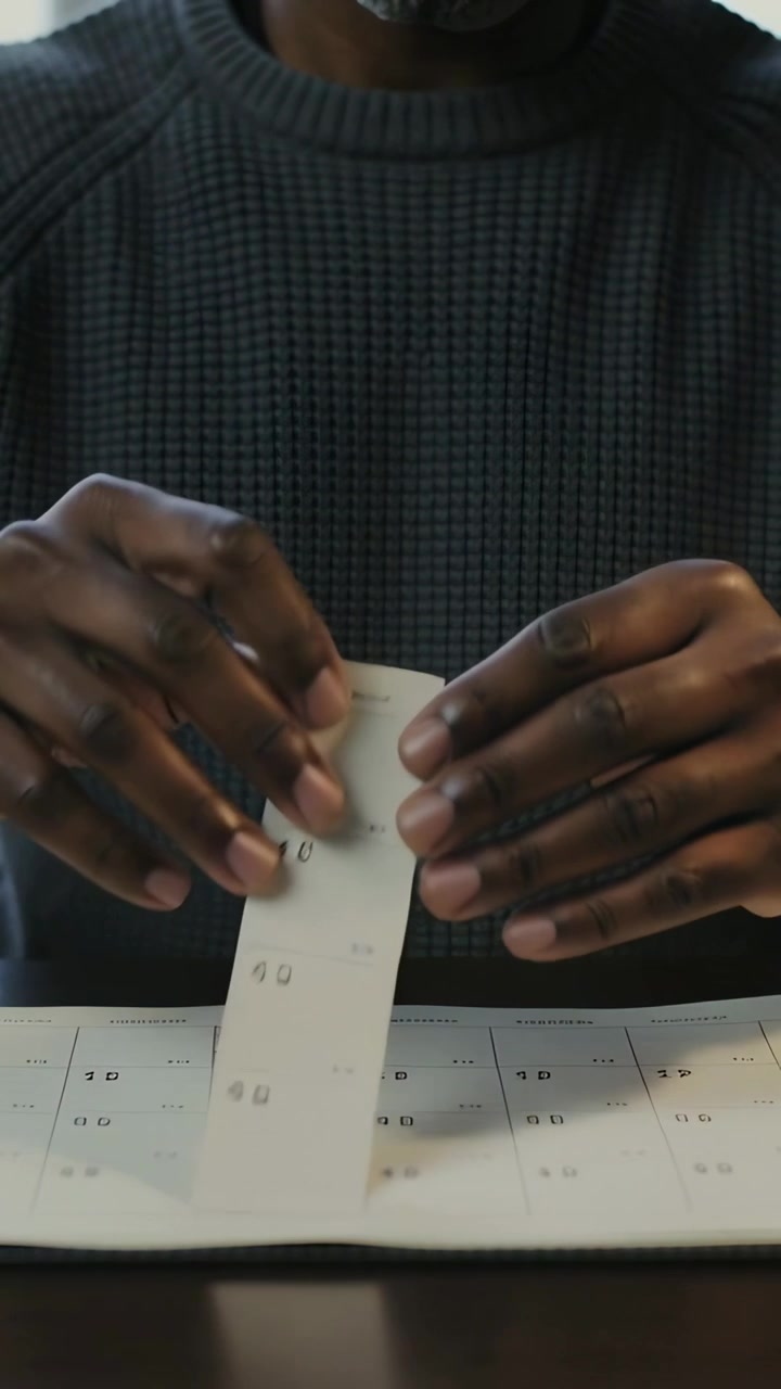 Vertical video: Resting hands, man in sweater tearing calendar strip on desk, leaving dates, ring