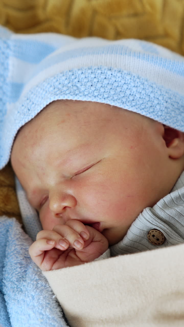 Adorable baby sleeping peacefully in the crib. Newborn child in blankets sleeps holding hand at his mouth. Top view close up. Vertical video