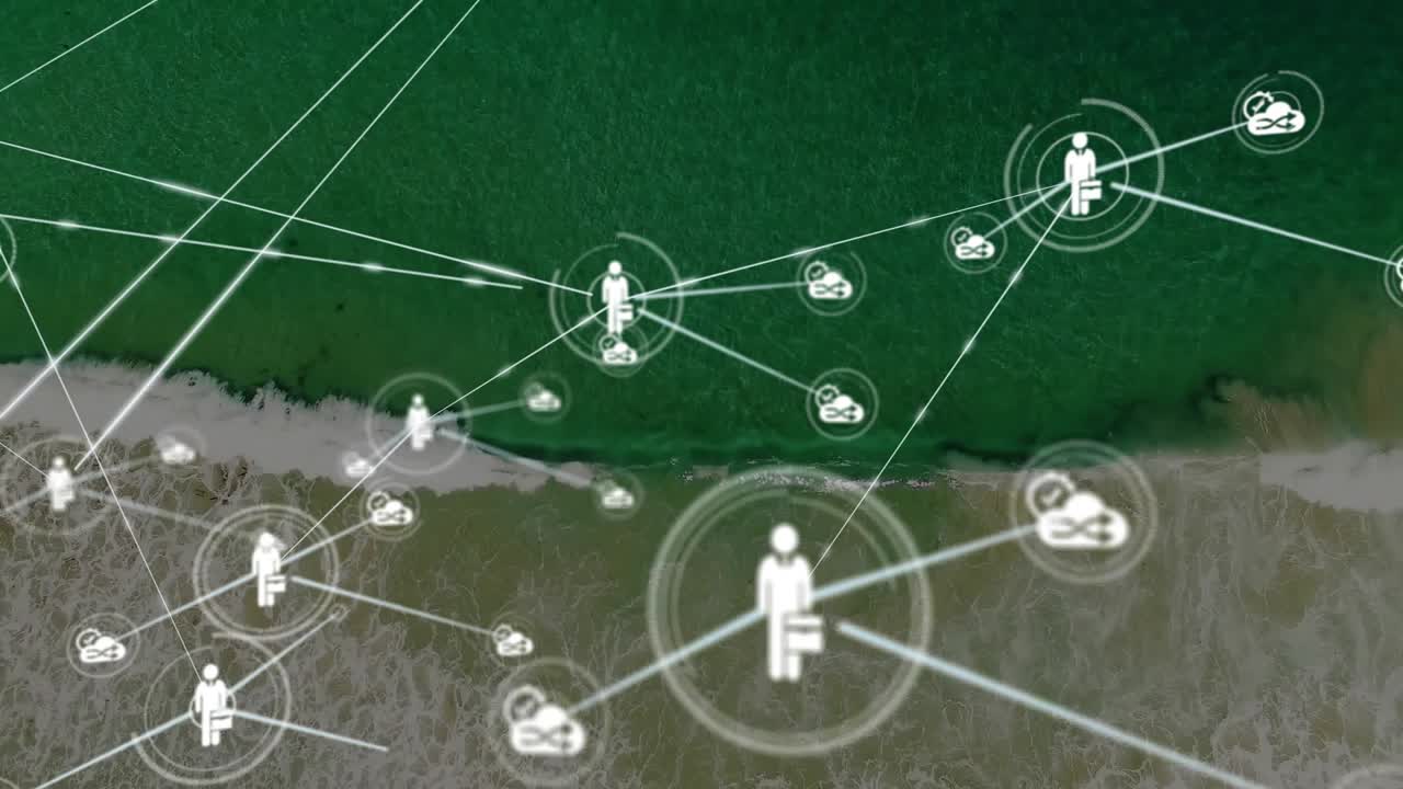 Central ring appearing, briefcase node radiating, linking sat icons and growing biz network on surf