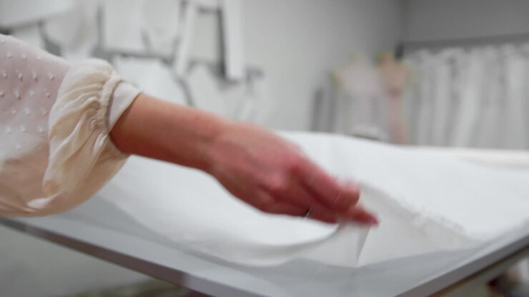 Clothing designer is working with measurements on a studio table. Shot on in 4K UHD . Closeup deploy a skein of white fabric in white and light-colored sewing in slow motion.