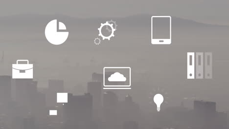 animación de iconos y procesamiento de datos financieros sobre el paisaje urbano