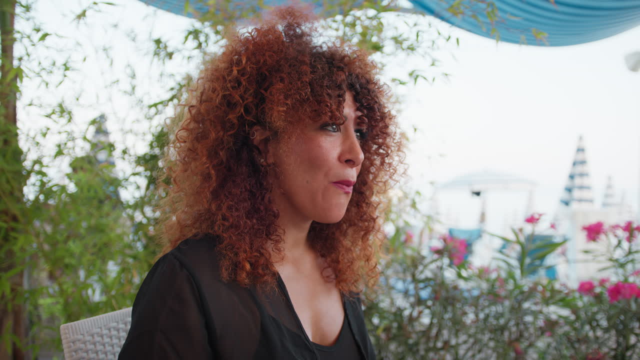 Woman Having An Happy Lunch At The Beach Resort With Gourmet Shrimps Dish