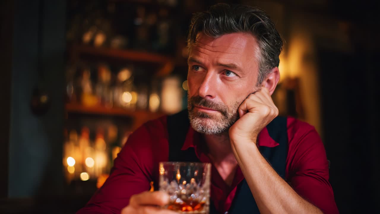 A Thoughtful Encounter: A Man in a Red Shirt, Capturing a Reflective Moment While Enjoying a Glass of Whisky, Evoking Emotions of Solitude and Contemplation in a Warm Bar Atmosphere